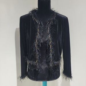 Ronni Nicole Womens Vintage Beaded Fringe Trim Cropped Velvet Jacket Small Black
